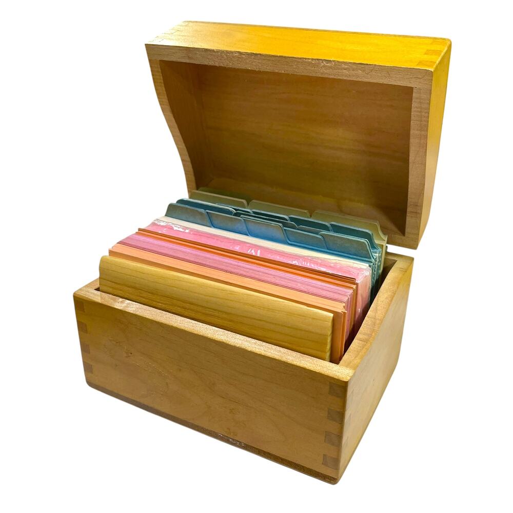 Vintage Dovetail Wood Recipe Box w/ New Cards & Dividers Kitchen Organizer